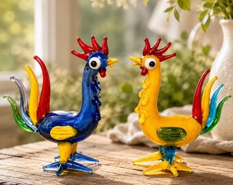 Hand Blown Glass Chicken Figurine,Colorful Mini Rooster Glass Art,Farmhouse  Decor,Window Shelf Accent Gift