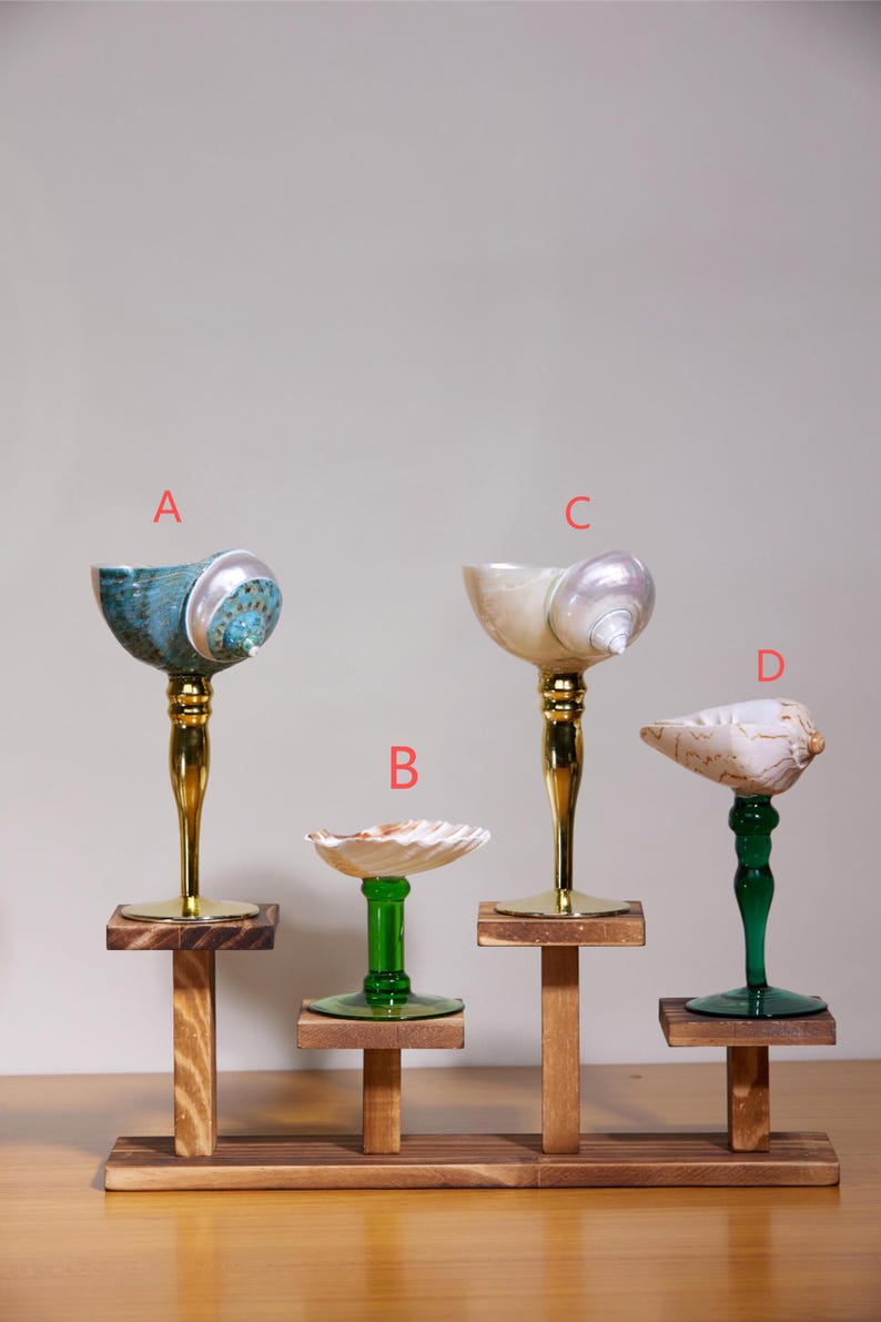 May include: Four decorative seashell goblets. The goblets have gold and green stems, and are mounted on small wooden platforms. The shells are various colors, including blue, white, and cream.