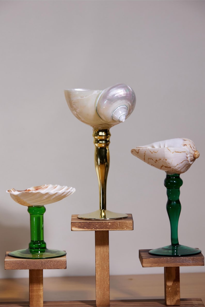 May include: Three decorative seashell art pieces. One features a large, pearlescent shell atop a gold-colored stem. Another has a shell on a green glass stem. The third has a shell on a green glass stem.