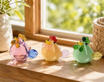 Mini Glass Duck chicks Set-Miniature Lampwork Animal Statue Cute Art Glass White Chicken Decor Collectible Gift for rooster Lovers Tiny Art
