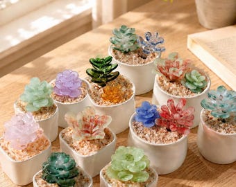 May include: A collection of small, white ceramic pots, each containing a single or double glass succulent plant nestled in light brown decorative sand. The glass succulents feature various translucent colors including green, pink, blue, and purple.