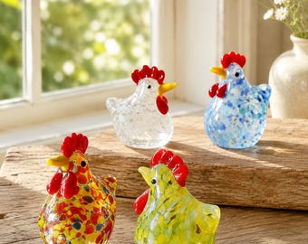 Handmade Glass Chicken Figurine, Colorful Chicken Decor, Mini Farm Animal Ornament, Farmhouse Kitchen Gift for Rooster Lovers