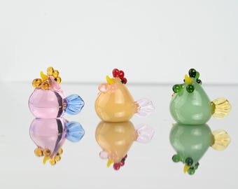 Conjunto de pollitos de pato de cristal en miniatura - Estatua de animal de vidrio soplado en miniatura - Lindo arte de gallina blanca en vidrio - Regalo coleccionable para amantes de los gallos - Arte en miniatura