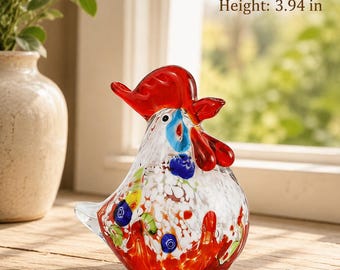 Figura de gallina de cristal hecha a mano, decoración de gallina colorida, adorno de animal de granja en miniatura, regalo de cocina rústica para amantes de los gallos.