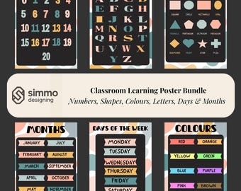 Classroom Learning Posters | Alphabet, Numbers, Colours, Shapes, Days & Months | Neutral Minimalist Decor