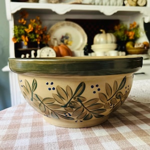 Vintage Beaumont Brothers Pottery Stoneware Salt Glazed Bowl with Green Leaves
