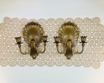 Vintage Solid Brass Shell Wall Sconces (Pair)
