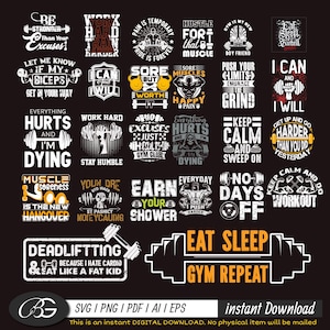 Puede incluir: Una colección de diseños digitales en blanco y negro con temática de fitness, con citas y gráficos motivacionales. Incluye frases como "Eat Sleep Gym Repeat" y "Work Hard Train Harder". Ideal para entusiastas del gimnasio y proyectos relacionados con el fitness.