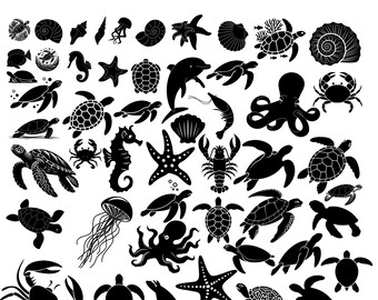 Pacchetto di immagini SVG di animali marini: tartaruga marina, polpo, stella marina, granchi (download digitale)