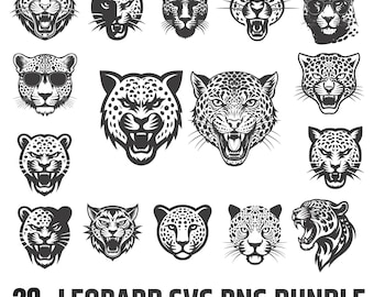 Leopard Head SVG Bundle | 20 Wild Cat Vector Designs (Digital Download)