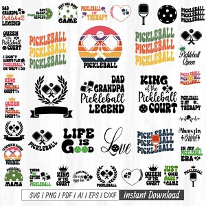 Peut inclure: Plusieurs designs sur le thème du pickleball. Comprend des graphiques textuels tels que "Pickleball is my therapy", "Dad Grandpa Pickleball Legend" et "Queen of the Pickleball Court". Les motifs présentent des raquettes, des balles et des éléments décoratifs.