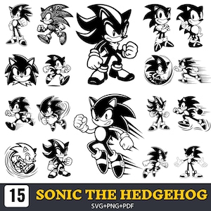 Könnte beinhalten: Eine Sammlung von fünfzehn schwarz-weißen grafischen Illustrationen, die Sonic the Hedgehog und Shadow the Hedgehog in verschiedenen dynamischen Posen beim Laufen, Springen und Stehen zeigen. Der untere Text lautet 15 SONIC THE HEDGEHOG SVG+PNG+PDF.
