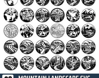 Paquete de 30 archivos SVG de paisajes de montaña, diseños de grabado láser de naturaleza, medallones de fauna silvestre con cascadas y ríos del bosque, arte rústico para paredes exteriores.