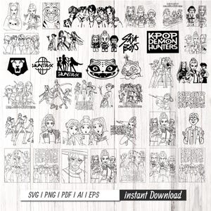 Peut inclure: Une collection d'illustrations numériques en noir et blanc sur le thème de la K-Pop. Les images comprennent des portraits stylisés, des logos et du texte tel que "KPOP DEMON HUNTERS", "HUNTRAX" et "Skit Boys". Le bas de l'image contient le texte "SVG | PNG | PDF | AI | EPS" et "instant Download".