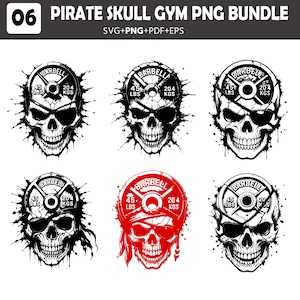 May include: A digital graphic bundle titled PIRATE SKULL GYM PNG BUNDLE featuring six illustrations of human skulls wearing eye patches and topped with 45 lbs and 20.4 kgs barbell weight plates. Five designs are black and white, one is red.