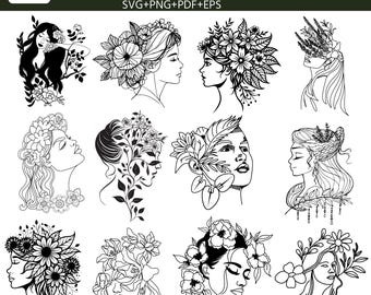 Floral Woman Line Art SVG: Flower Head Design, Cricut Ready (Digital Download)