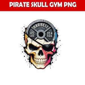 May include: A graphic illustration of a human skull wearing a black eye patch, with the top portion of the skull replaced by a grey barbell weight plate labeled 45 LBS and 20.4 KGS. The design features black ink splatters and vibrant color accents.