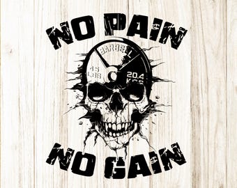 Skull Barbell Gym SVG: No Pain No Gain Fitness Clipart (Digital File)