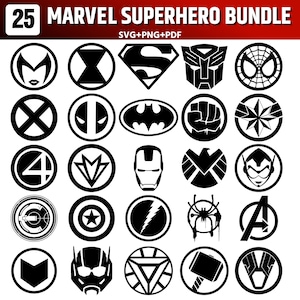 May include: A digital collection of 25 black and white superhero icons arranged in a grid. The top text reads 25 MARVEL SUPERHERO BUNDLE SVG+PNG+PDF. The icons include various character emblems, masks, and symbols such as a bat, spider, star, and lightning bolt.