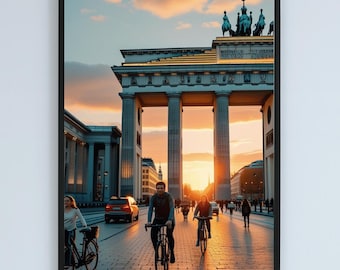 Puede incluir: Impresión enmarcada de la Puerta de Brandeburgo en Berlín al atardecer. La imagen muestra ciclistas, coches y peatones en una calle adoquinada. El cielo está lleno de tonos naranja y amarillo, y las columnas de la puerta son visibles.