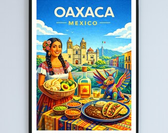 オアハカ（メキシコ）のフォークアートポスター、カラフルな旅行イラスト、すぐにダウンロードできる印刷可能なアートワーク