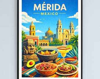 メリダメキシコヴィンテージ旅行イラスト、カラフルな街並みのデジタルポスターダウンロード