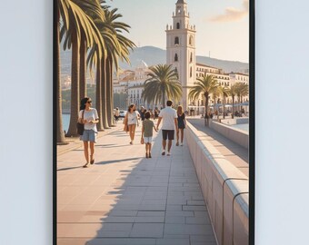 Malaga, Hiszpania, pejzaż miejski, realistyczny europejski wydruk ścienny