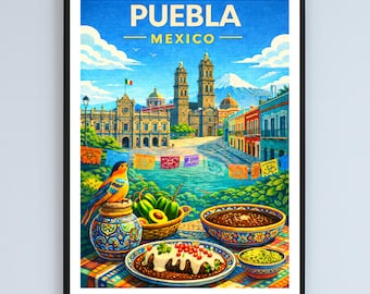 Póster de viaje de Puebla, México, con paisajes urbanos coloridos, descarga instantánea.