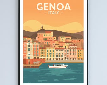 Genoa Italy coastal illustration, warm vintage-style travel printable download art