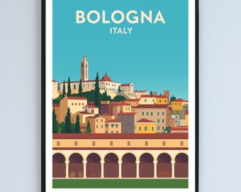 Poster stampabile con paesaggio urbano d'epoca di Bologna, Italia, download digitale di illustrazioni di viaggio