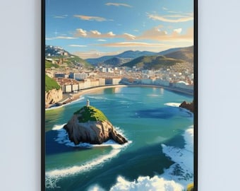 Stampa costiera di San Sebastián, pittura paesaggistica spagnola digitale