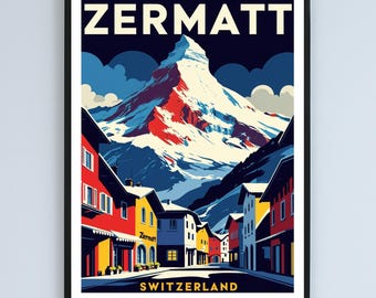 Póster vintage de Zermatt, Suiza / Arte de viaje del Matterhorn