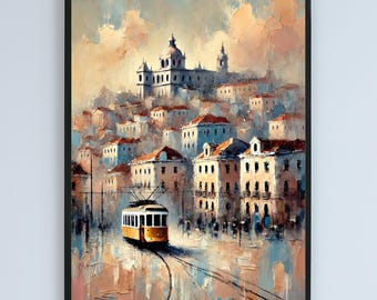 Stampa di paesaggio urbano di Lisbona, Portogallo, arte murale europea realista