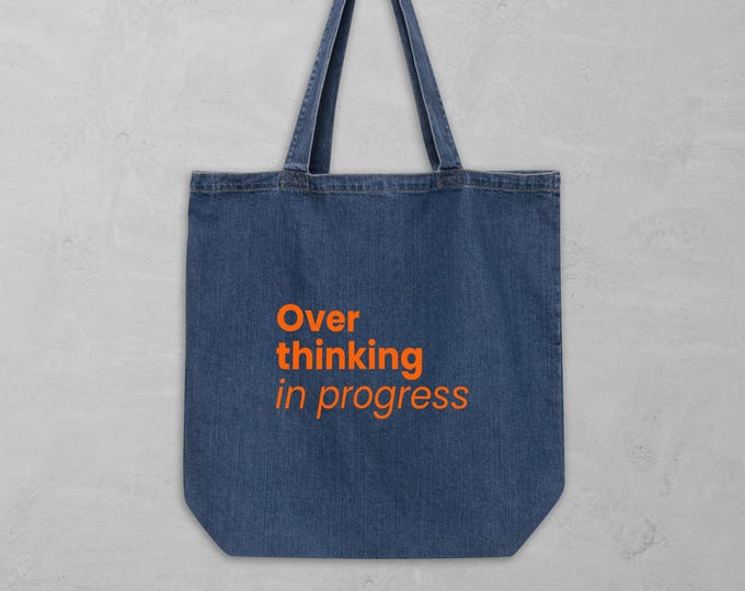 Overthinking in Progress Denim Bag | Neon Orange Print | Funny Shopping Bag with Long Handle