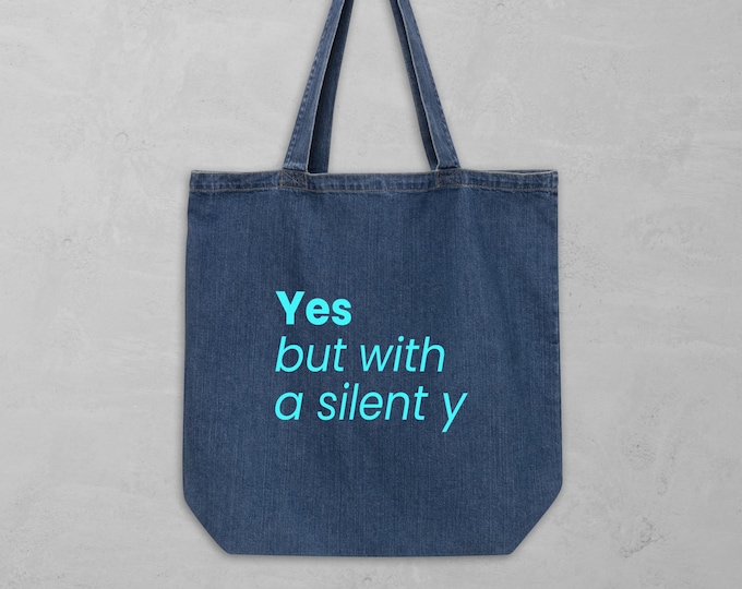 Tote bag "Yes, but with a silent y" made from organic denim | Blue print | A statement for quiet thinkers | Ironic, high-quality, sustainable