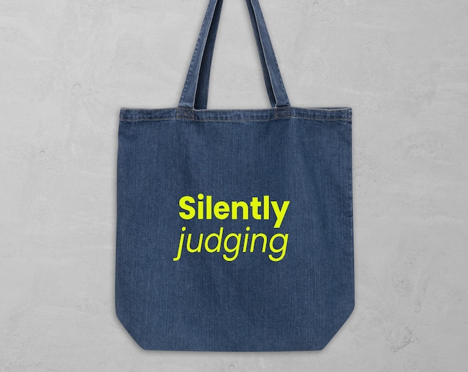 Tote bag "Silently Judging" made of organic denim | Ironic statement in yellow | Funny gift idea for everyday life & university | Long handles
