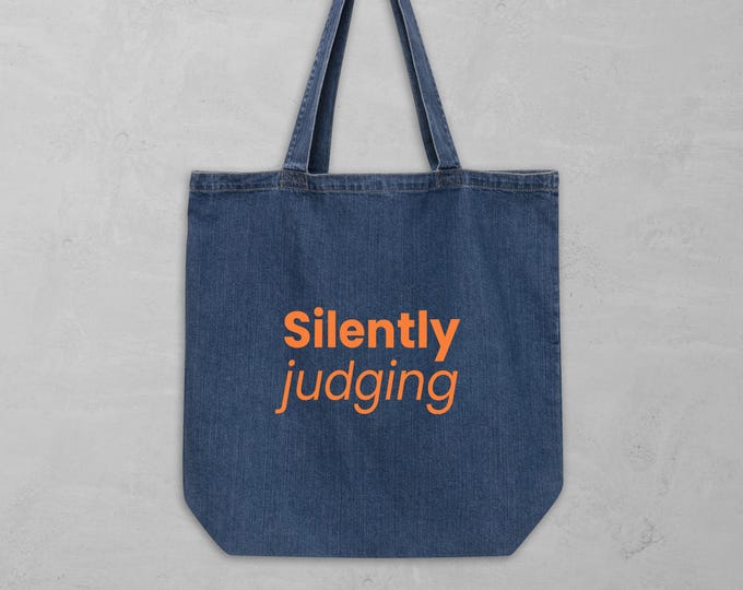 Organic denim bag "Silently judging" orange - Sarcastic gift for her | Sustainable statement fabric bag