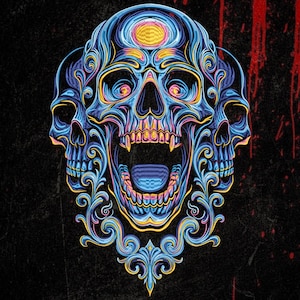 May include: A colourful illustration featuring three skulls in blue, yellow, and pink hues set against a black backdrop. The central skull is depicted with an open mouth, and the design incorporates ornate, swirling patterns.