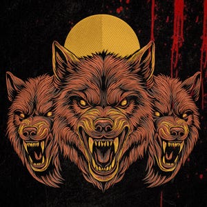 May include: A graphic illustration featuring three snarling wolf heads with bared teeth and glowing yellow eyes. The wolves are rendered in shades of orange and brown against a dark background with a large yellow circle and red paint-like drips.