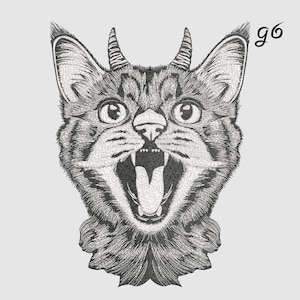 May include: A detailed black and white illustration of a cat's face with devil horns and an open mouth, revealing sharp teeth. The cat has large, wide eyes and a textured fur pattern. The number "g6" is in the upper right corner.