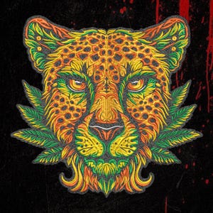 Broderidesign med leopardhuvud – Stor lapp på rygg för jacka, tribal psykedelisk djurkonst – DST PES EXP