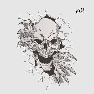 May include: A black and white illustration of a skull breaking through a cracked surface. The skull has a menacing grin and is reaching out with clawed hands. The text "e2" is in the upper right corner.