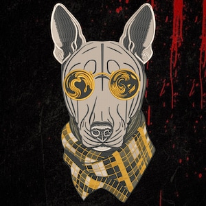 Op de afbeelding: Een geborduurde patch met een lichtgrijze bullterriër die een ronde bril met gouden montuur en wervelende gele glazen draagt, en een geel, zwart en wit geblokte sjaal, tegen een donkere achtergrond met rode verfspatten.