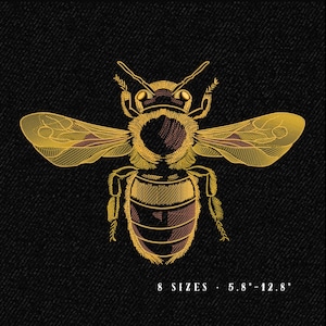 May include: Embroidered bee design in gold and brown on a black background. The bee has detailed wings and body segments. Text at the bottom reads "8 SIZES - 5.8"-12.8"".