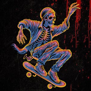 Pode incluir: Uma ilustração gráfica em cores neon de um esqueleto vestindo um gorro, camisa de colarinho e calças, realizando uma manobra em um skate. A arte apresenta contornos vibrantes em azul, rosa e amarelo sobre um fundo preto escuro.