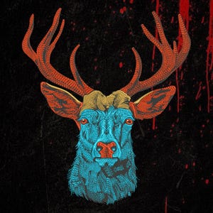 May include: An embroidered deer head design featuring a bright blue face and neck with a textured orange and red antler pattern. The deer has a gold-toned forehead patch and a red nose, set against a black background with red paint splatter effects.