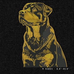 May include: Embroidered Rottweiler dog portrait in gold and black thread on a black background. The dog is looking up and to the left. The text at the bottom reads "9 SIZES - 3.8"-11.8""