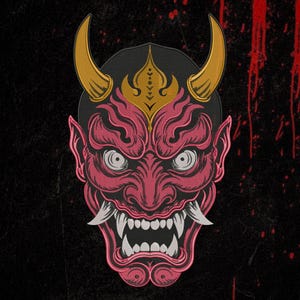 May include: A detailed embroidered patch featuring a red Japanese Hannya mask with prominent gold horns, a gold forehead ornament, and sharp white fangs. The design is set against a black background with red paint-like splatters on the right side.
