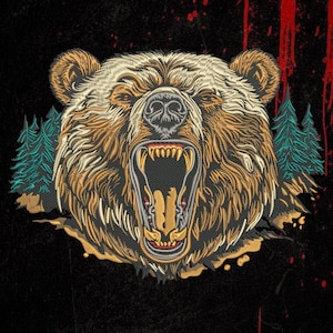 May include: An embroidered patch design featuring a snarling grizzly bear head with detailed tan and brown fur, bared teeth, and an open mouth. The bear is flanked by stylized teal evergreen trees against a dark black background with red accents.