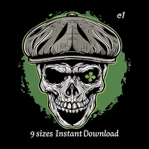 May include: A detailed illustration of a skull wearing a gray newsboy cap, with a green shamrock in one eye socket. The skull is set against a green, textured background on a black backdrop. Text at the bottom reads "9 sizes Instant Download."